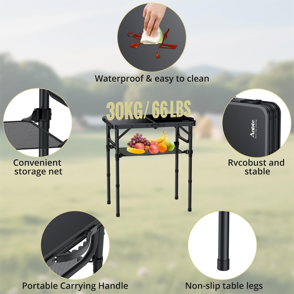 Anbte 2ft Folding Camping Table with Storage Net, 3 Adjustable Heights Small Fol