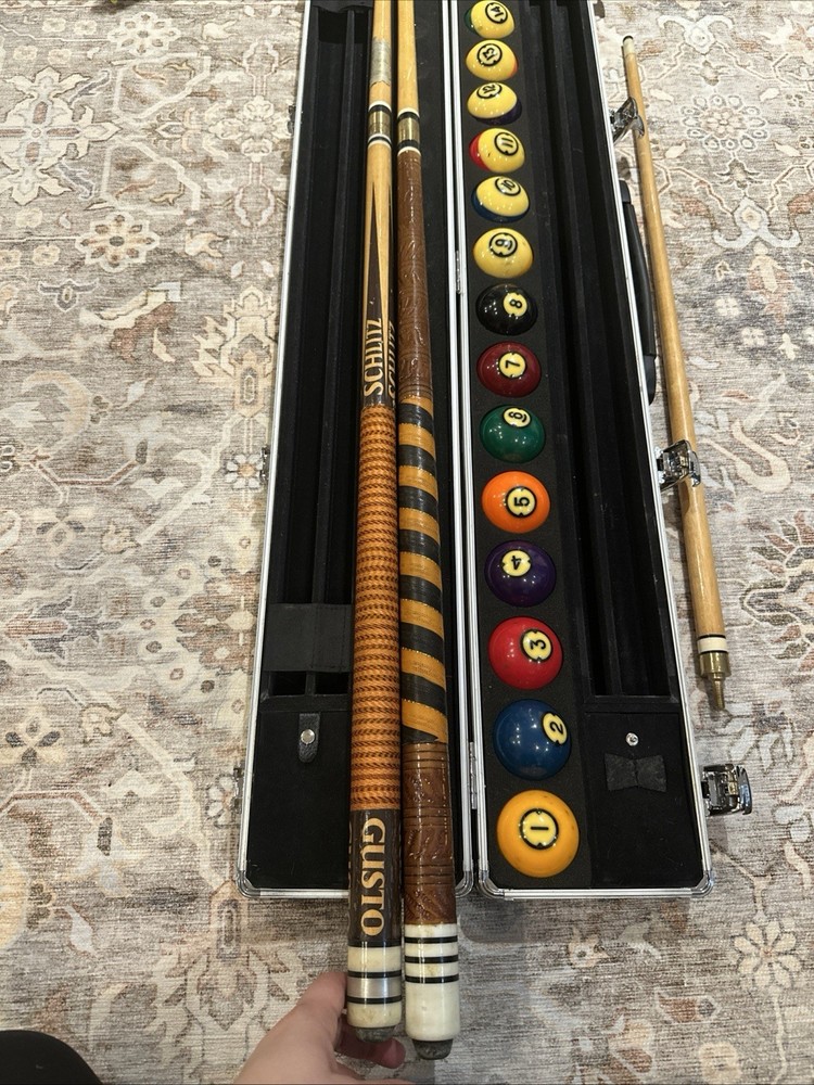 Brunswick Centennial Pool Balls Set With Aramith Case And 2 Schlitz Pool Sticks