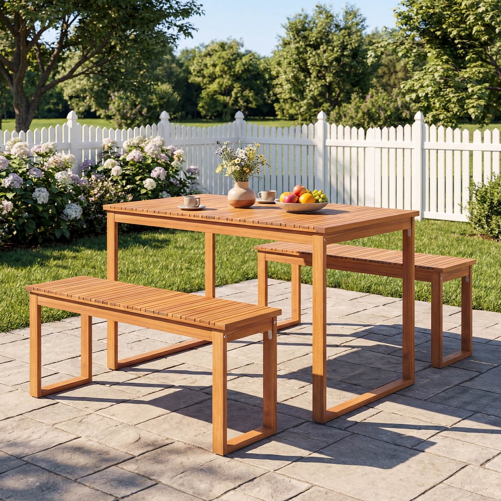 Outdoor Acacia Wood Dining Table, Rectangular Patio Table w/Slatted Tabletop