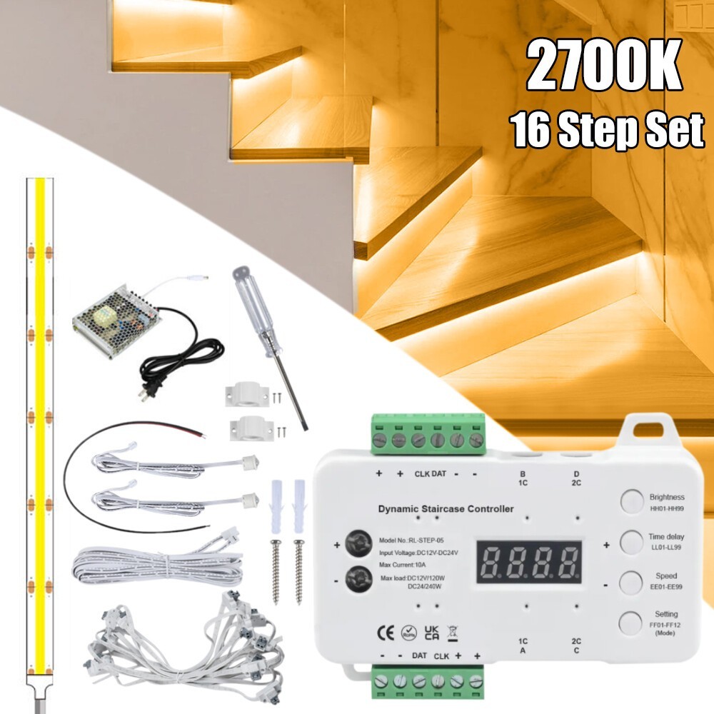 16 Steps-LED Strip Light Stair Lighting Controller Motion Sensor System Full Set