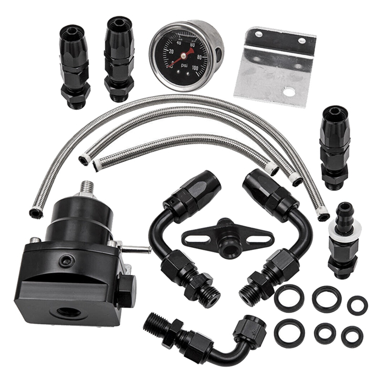 Universal 0-100 Psi 6AN Adjustable Fuel Pressure Regulator Kit W/ Gauge Black