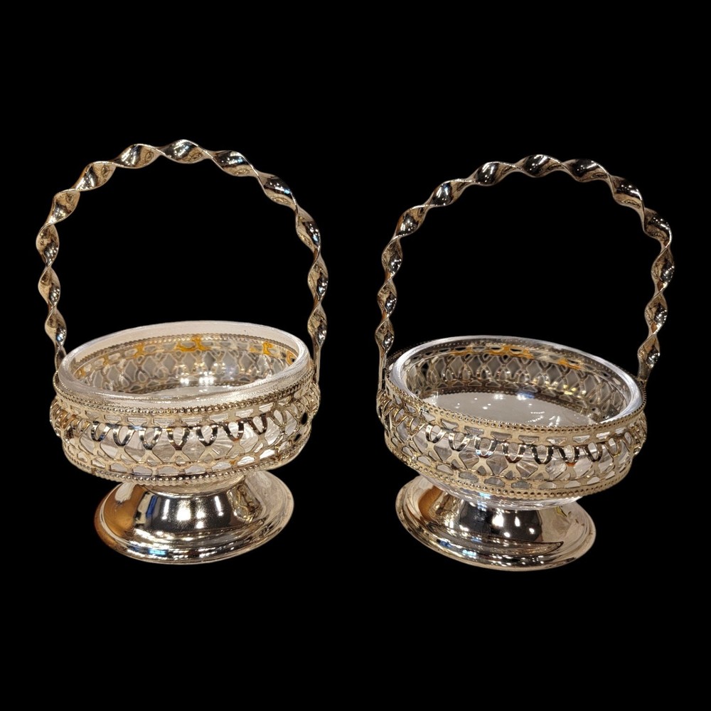 Set of 2 Silver Plated Nut Candy Baskets with Glass Liners Twisted Handle READ