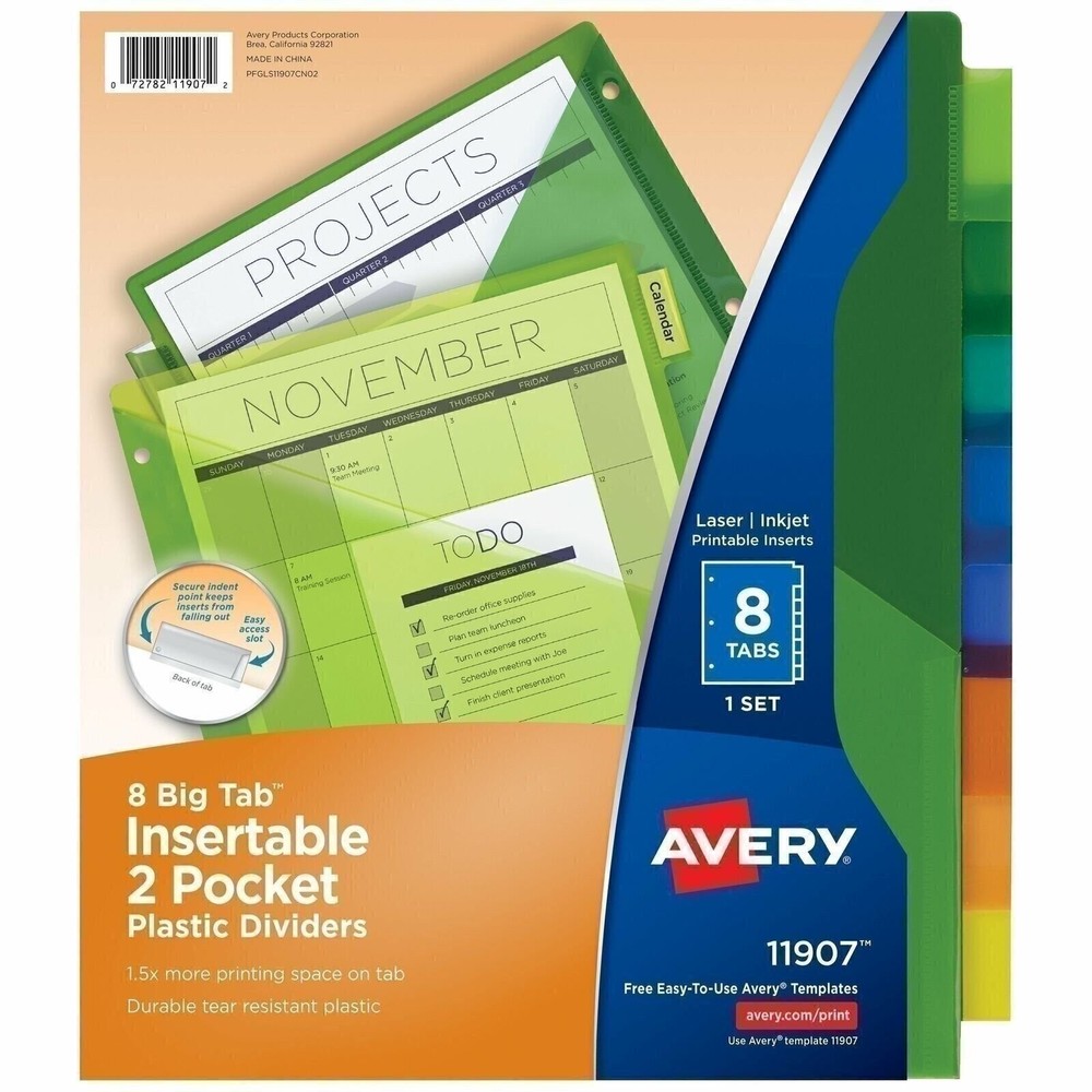 Avery 8-Tab Plastic Binder Dividers with Pockets, Insertable Multicolor 1 set
