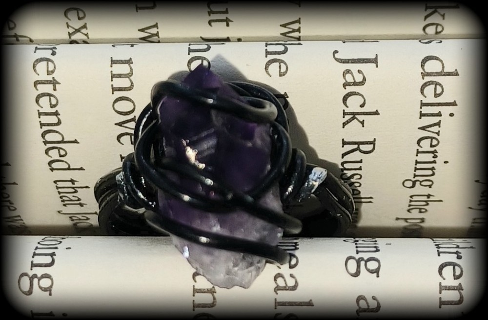 Handcrafted Wire Wrapped Raw Amethyst Ring, Size 8, Black Colored Wire