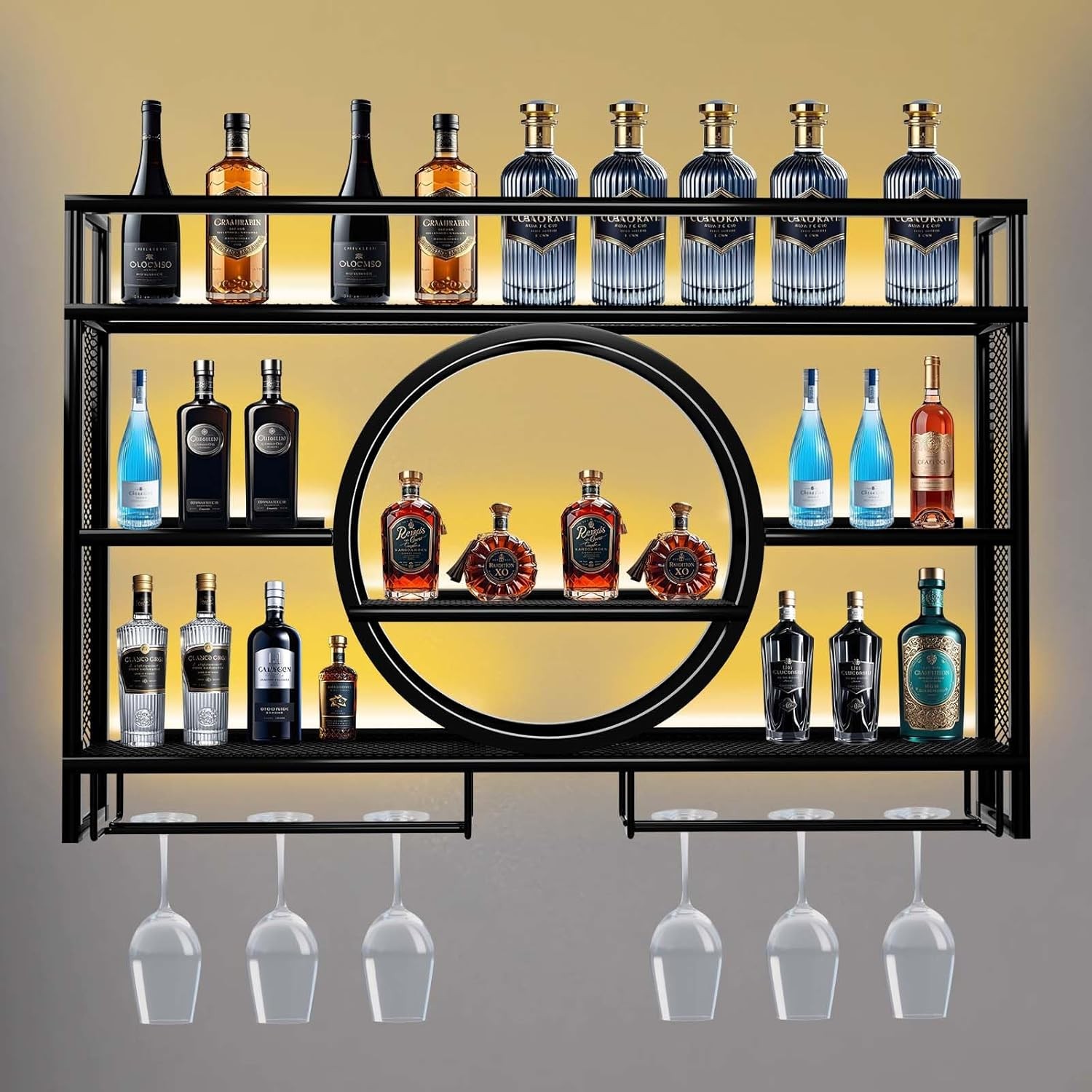 Wall Mounted LED Wine Rack Metal Bar Bottle Display Shelf with Wine Glass Rack
