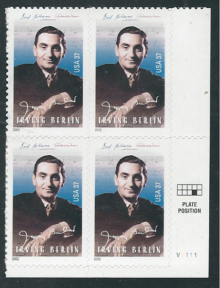 Scott #3669...37 Cent... Irving Berlin...Plate Block