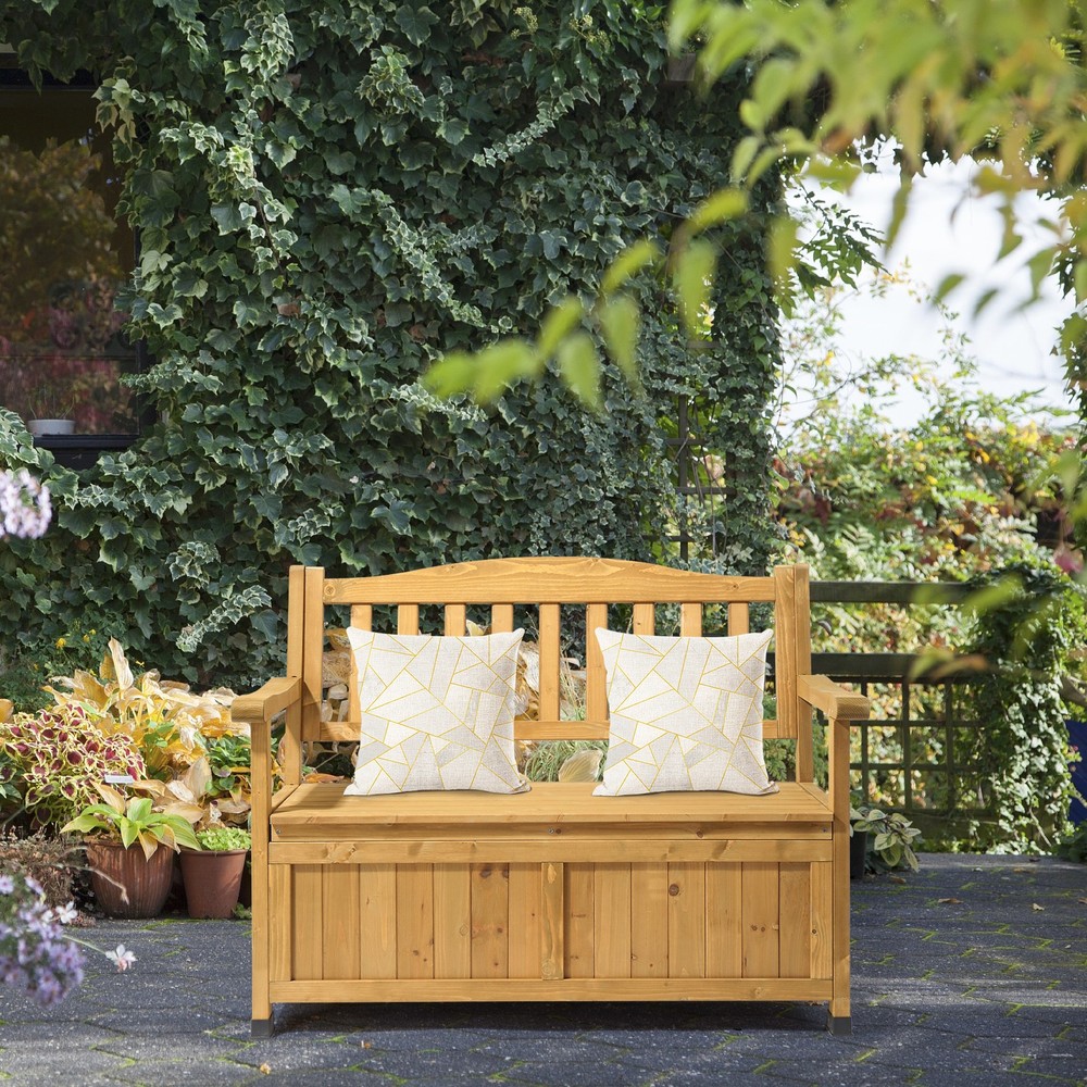 Yard Storage Bench Deck Box Wood Seating Container Tools Toys with Backrest