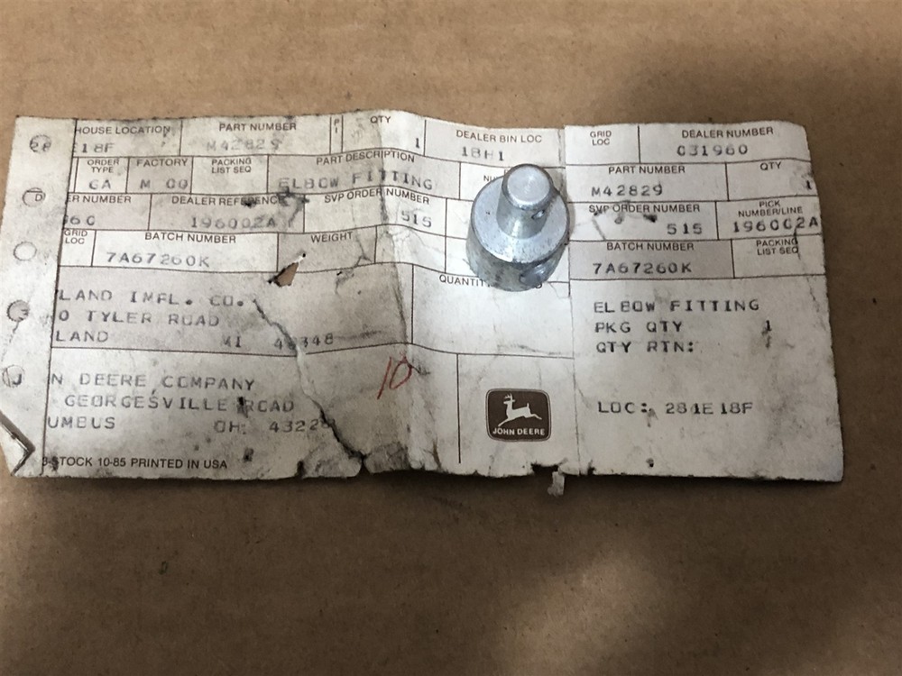 John Deere Original Equipment # M42829 - Elbow Fitting - FITTING