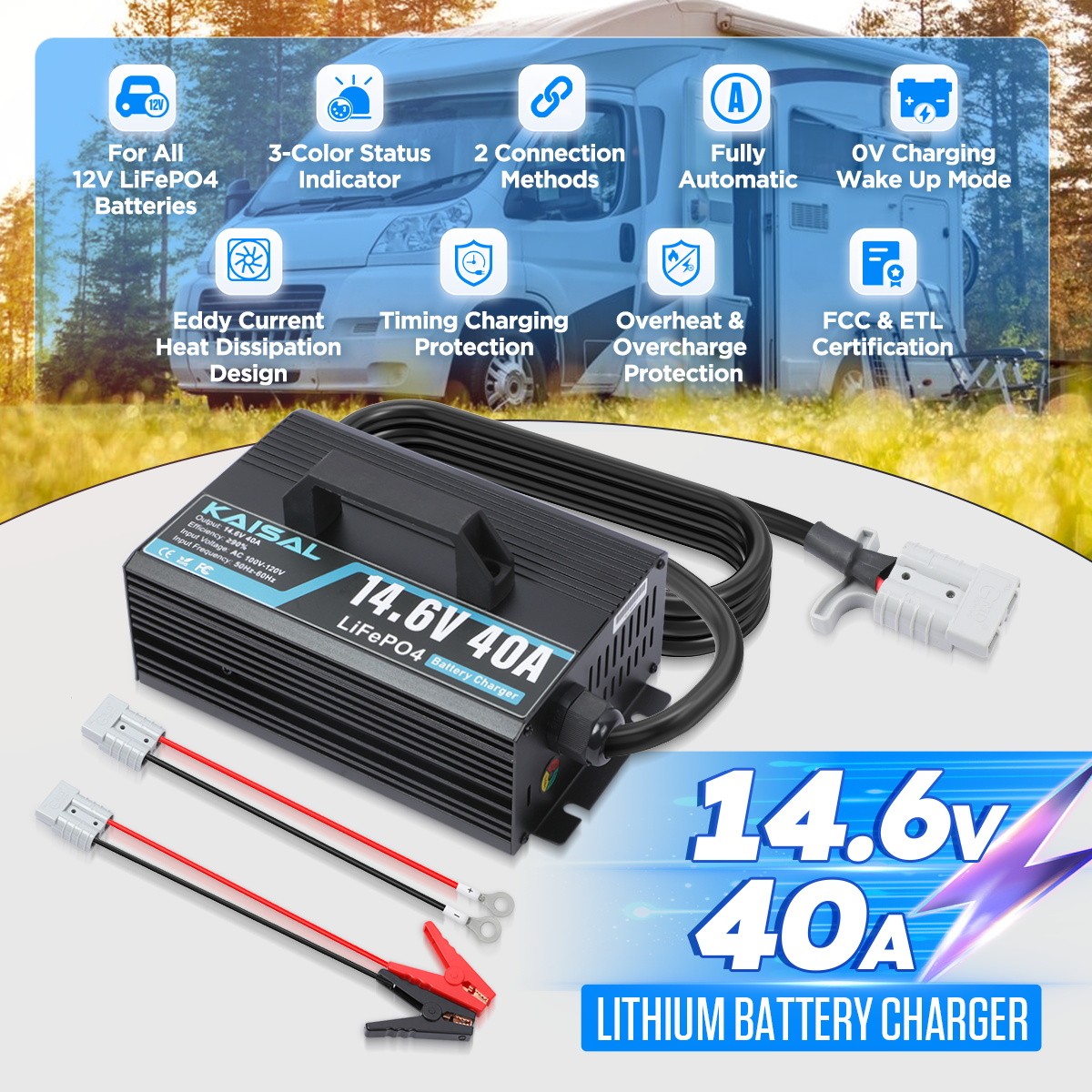 14.6V 40A Smart Lithium Battery Charger LiFePO4 Fast Charging w/Anderson Plug