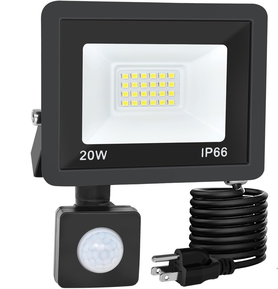 Motion Sensor Flood Light Outdoor, 20W Plug in Motion Sensor Light with 4.9ft...
