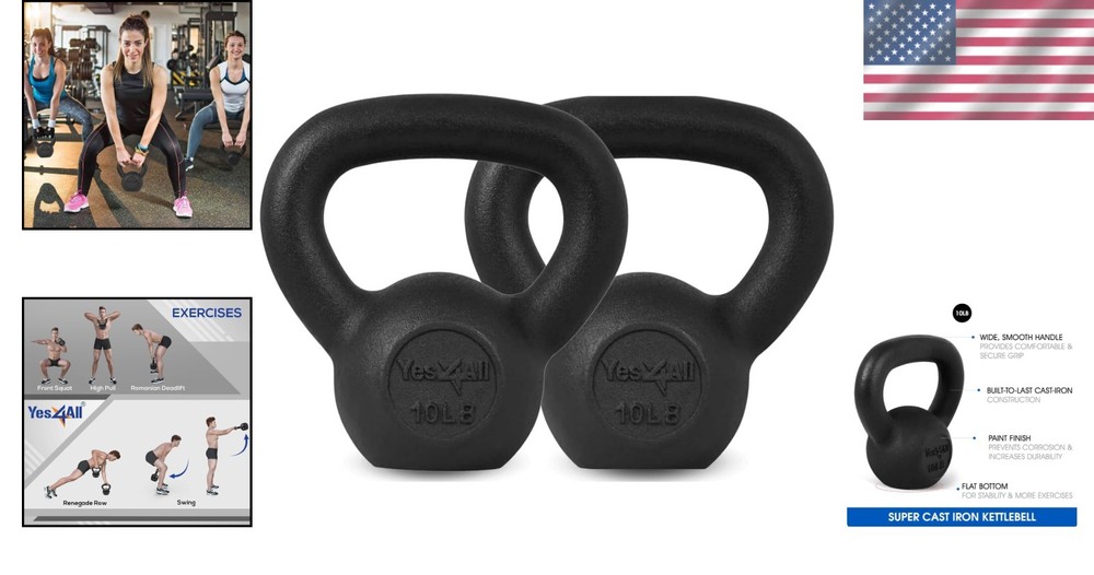Cast Iron Kettlebell Pair 10LB: Solid Strength Training Weights, Smooth Handle