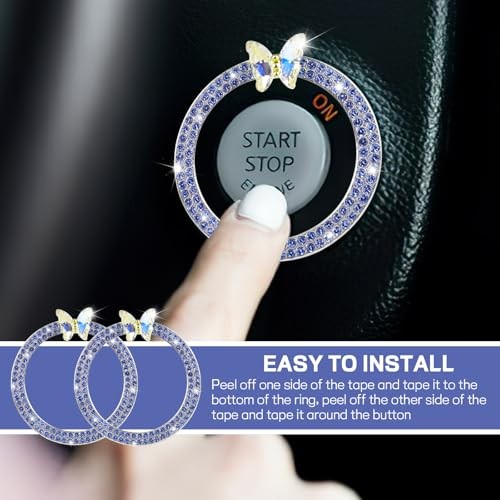 2PCS Bling Car Push Start Button Decoration Ring, Rhinestone Car Light Blue