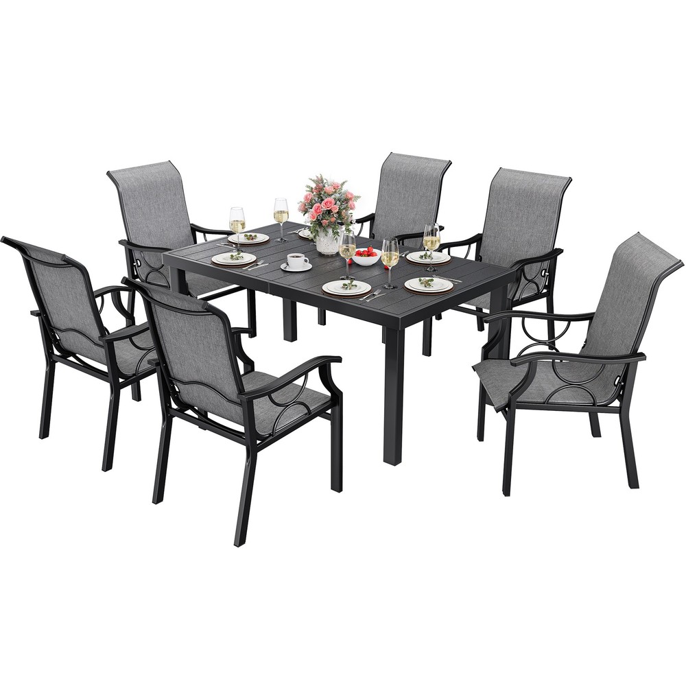 TAUS Stackable Patio Dining Set for 6, Patio Table & 6 Patio Chairs Set, Black