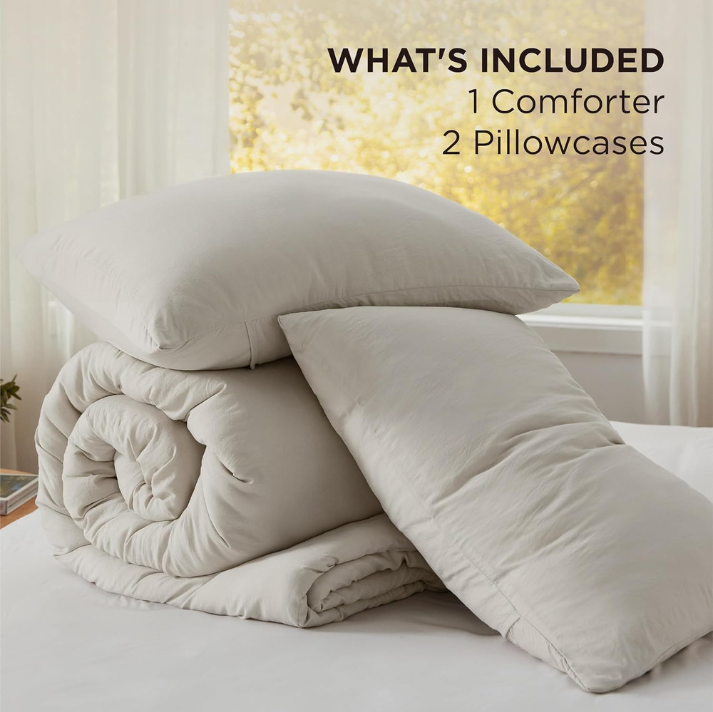 Oversized Queen Size Comforter Set, Beige Soft Prewashed Bedding for All Seasons