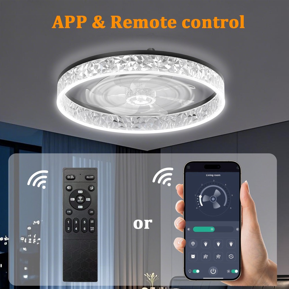 20" Modern Fan Lights Flush Mount LED Ceiling Light kit With Remote APP Control