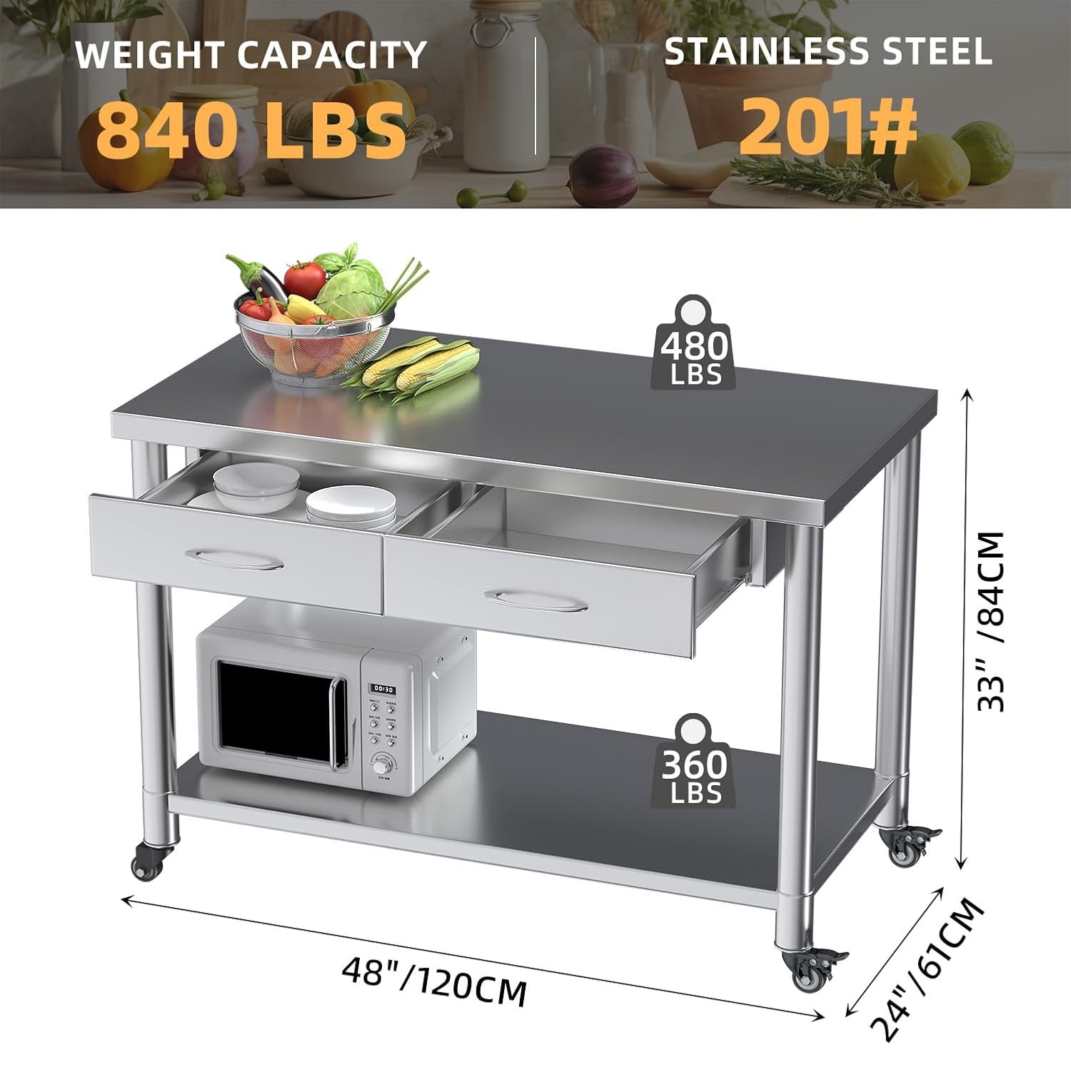 48"x24" Stainless Steel Work Table with Drawers, Rolling Kitchen Prep Workbench