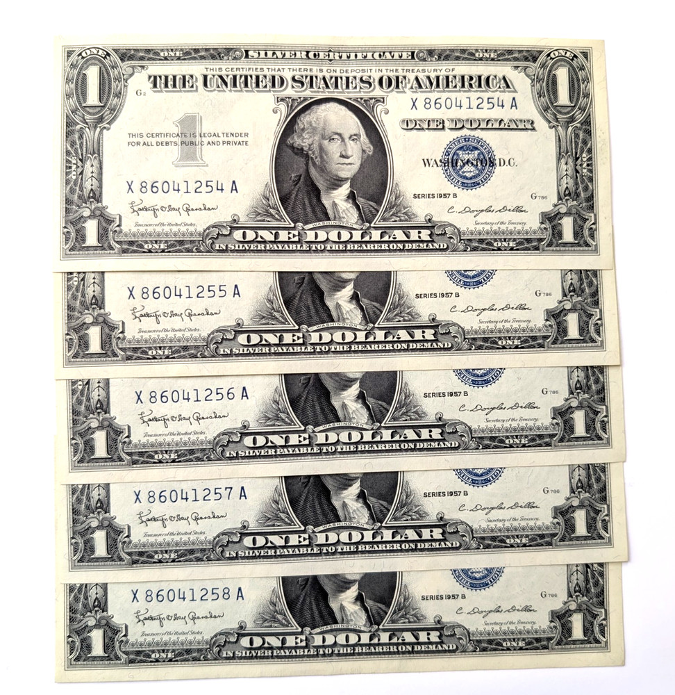 5 Consecutive Uncirculated crisp 1957B $1 Silver Certificates Blue Seal Notes