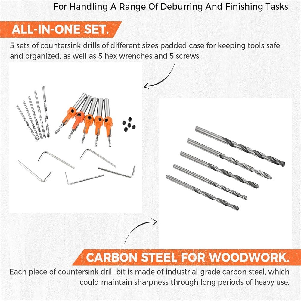 5 x Adjustable Countersink Drill Bits Set For Home Repairs Craftsmanship DIY