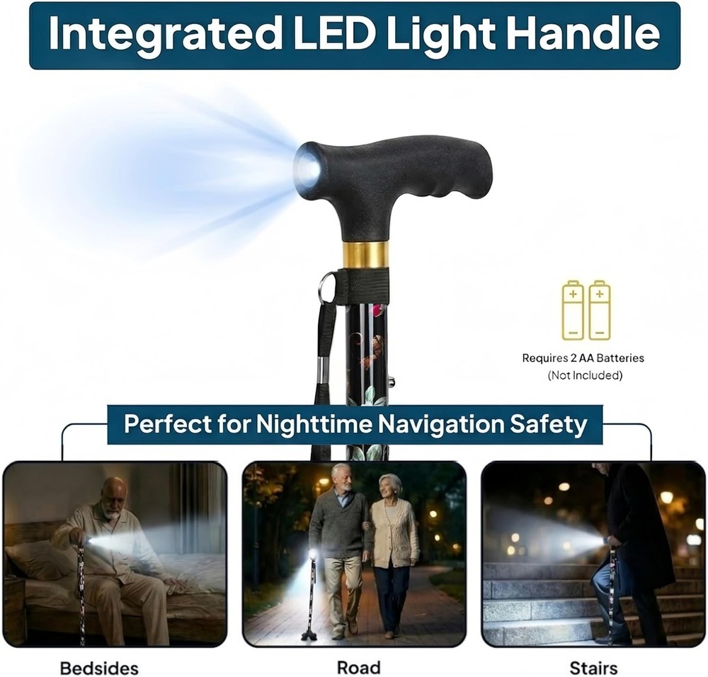 Portable Walking Cane with 5-Level Height Adjustment & Built-in LED Light