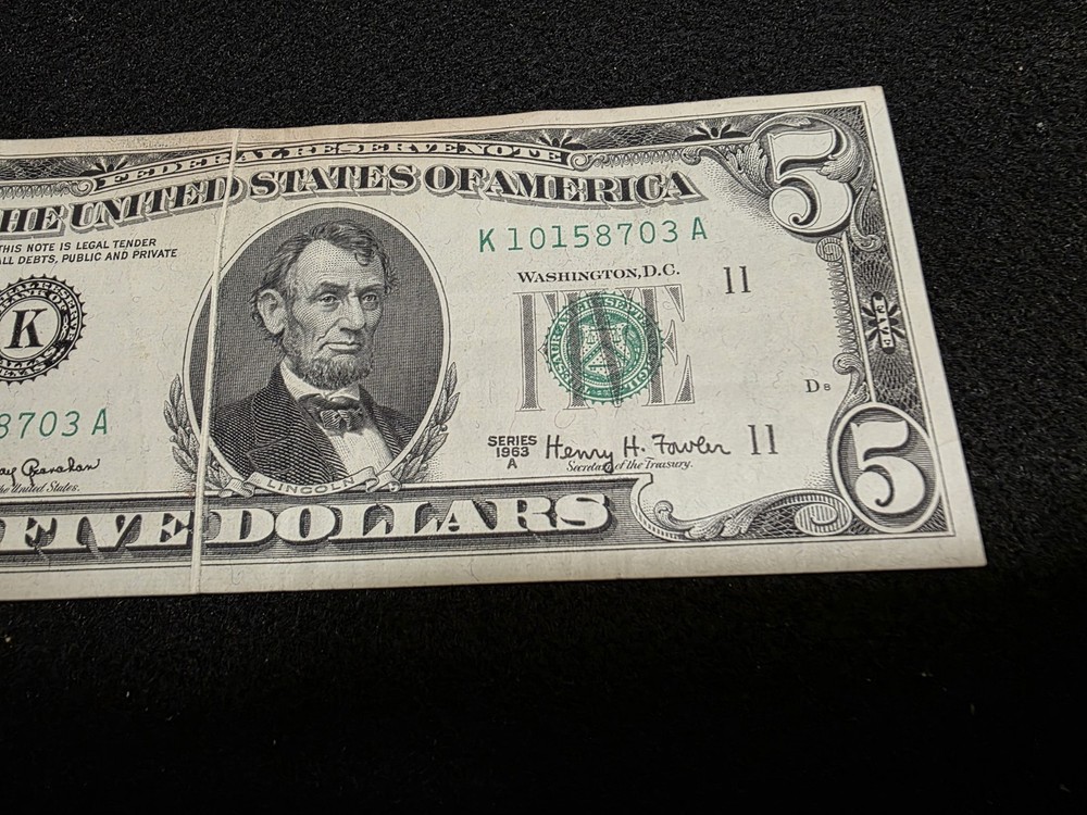 1963 A $5 Error Gutter Fold Federal Reserve Note.