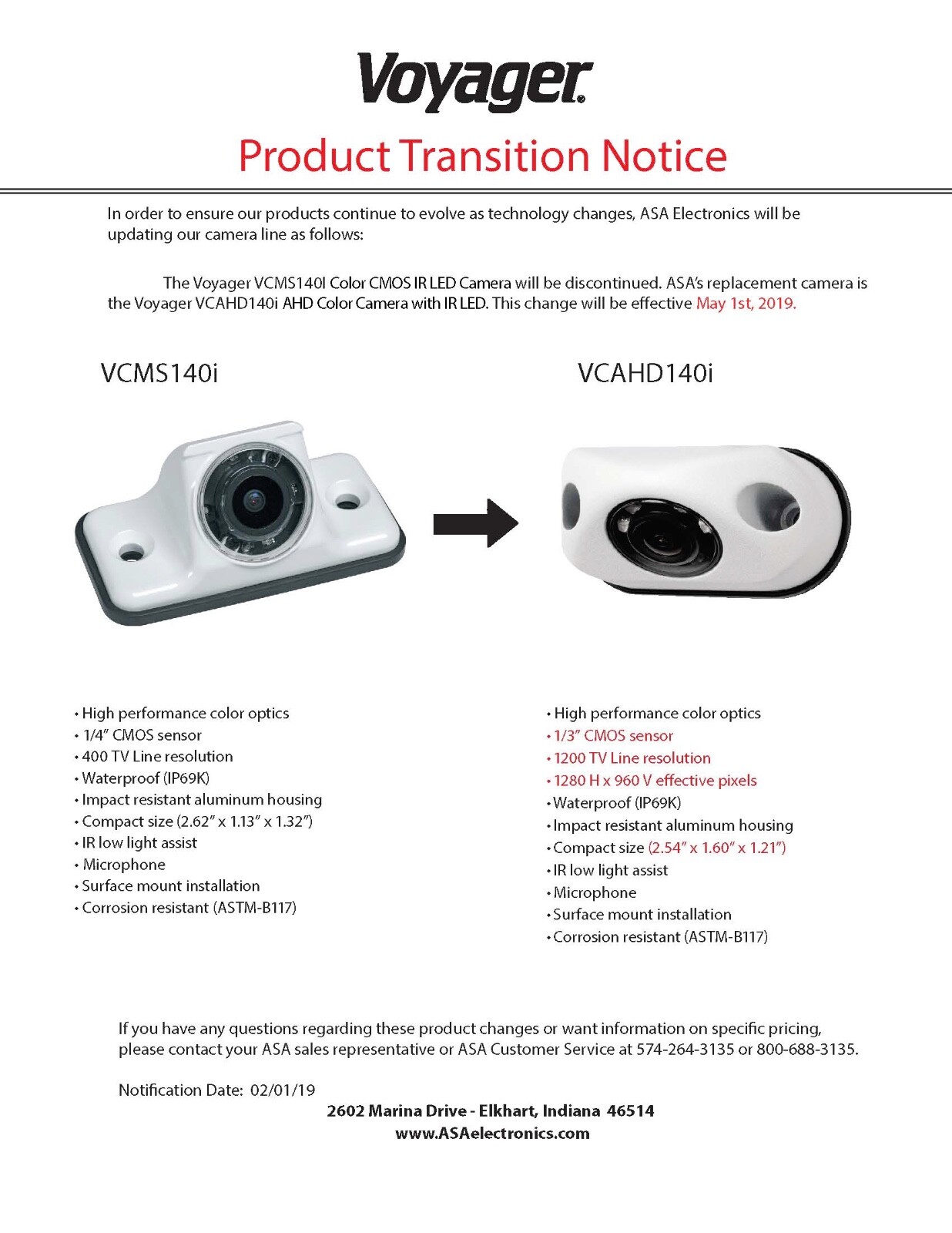 New ASA Voyager Rear Camera VCAHD140i Heavy Duty, ADH, with ASA 34ft ext cable
