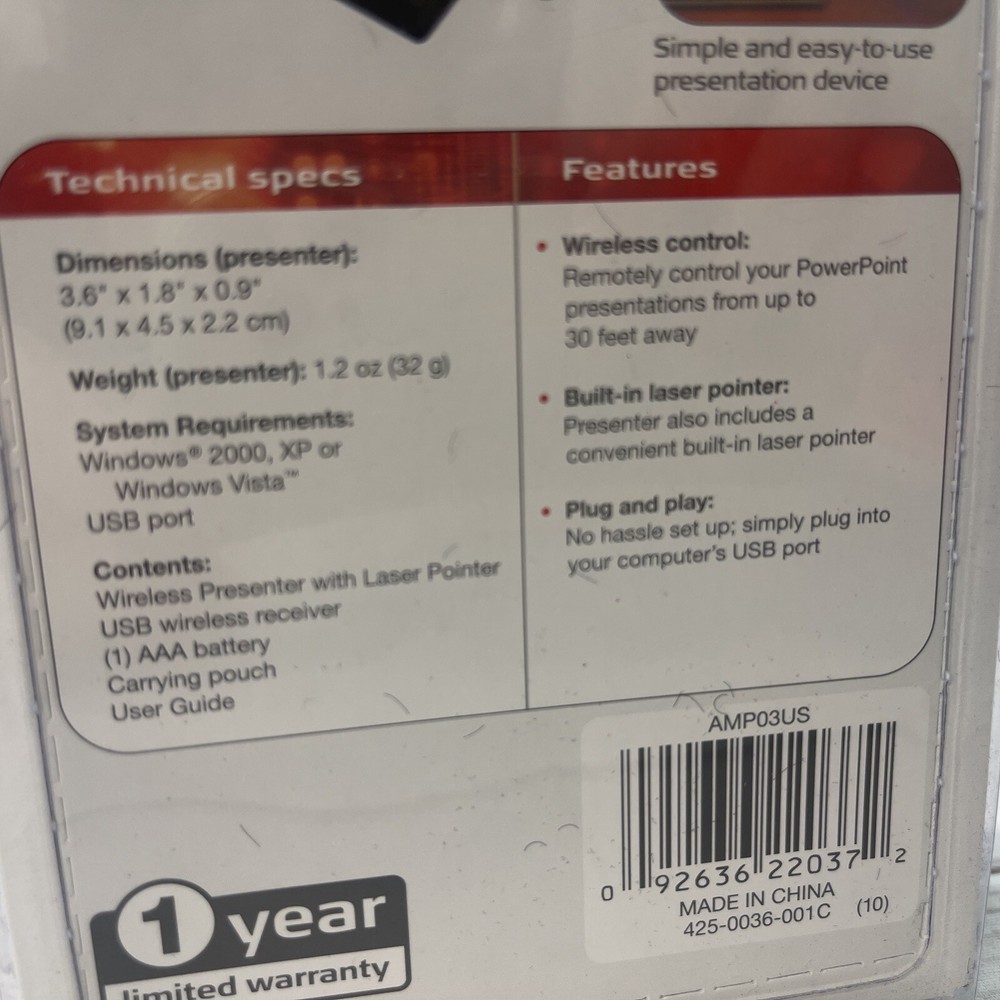 Targus Wireless Presenter Laser Pointer Remote AMP03US New in OEM Packaging