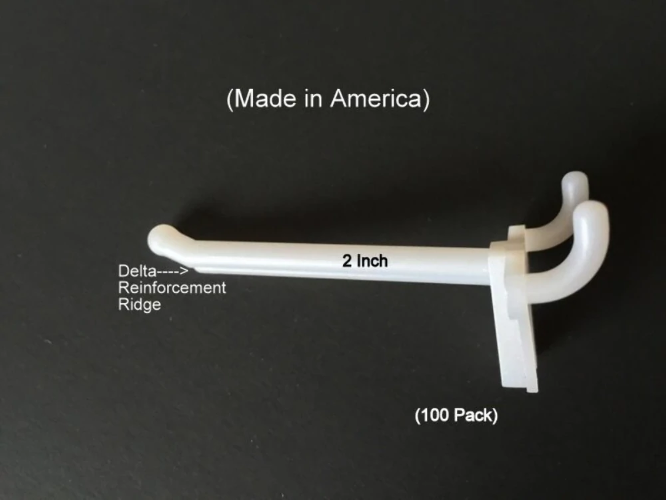 (100 PACK) 2 Inch White Plastic Peg Hooks For 1/8" to 1/4" Pegboard. USA Made