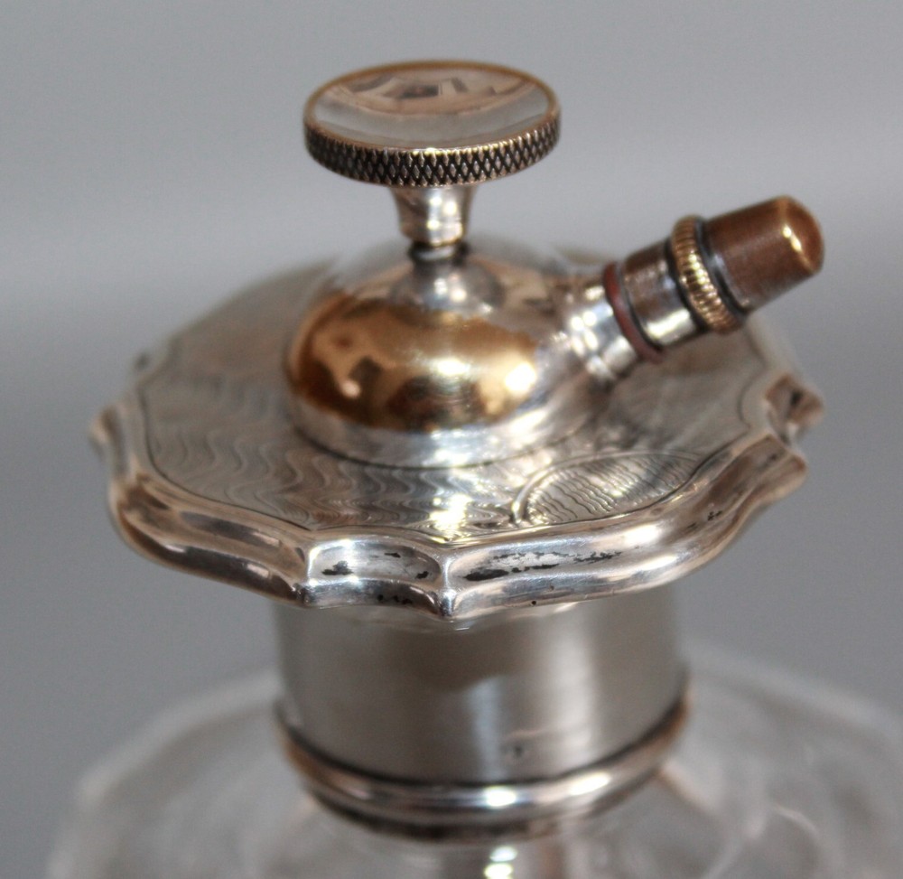 WEBB CORBETT HEXAGONAL CUT CRYSTAL PERFUME ATOMISER BOTTLE WITH SILVER COLLAR