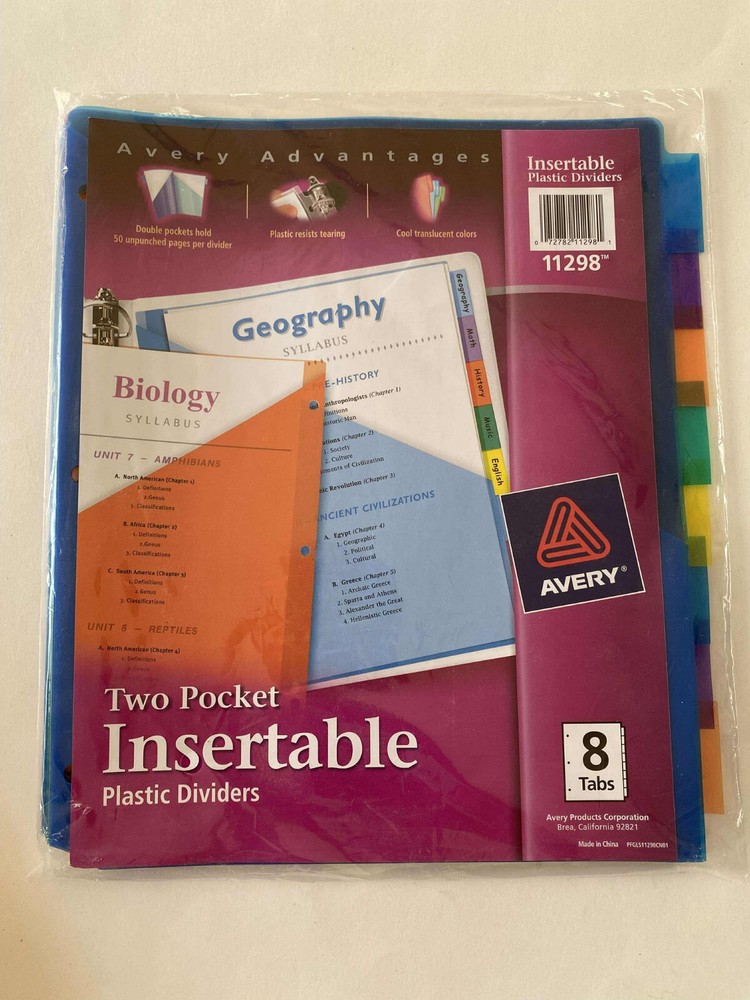 Avery Advantages Insertable Plastic Dividers 2 Pocket 8-Tabs Multicolo 11298 NEW