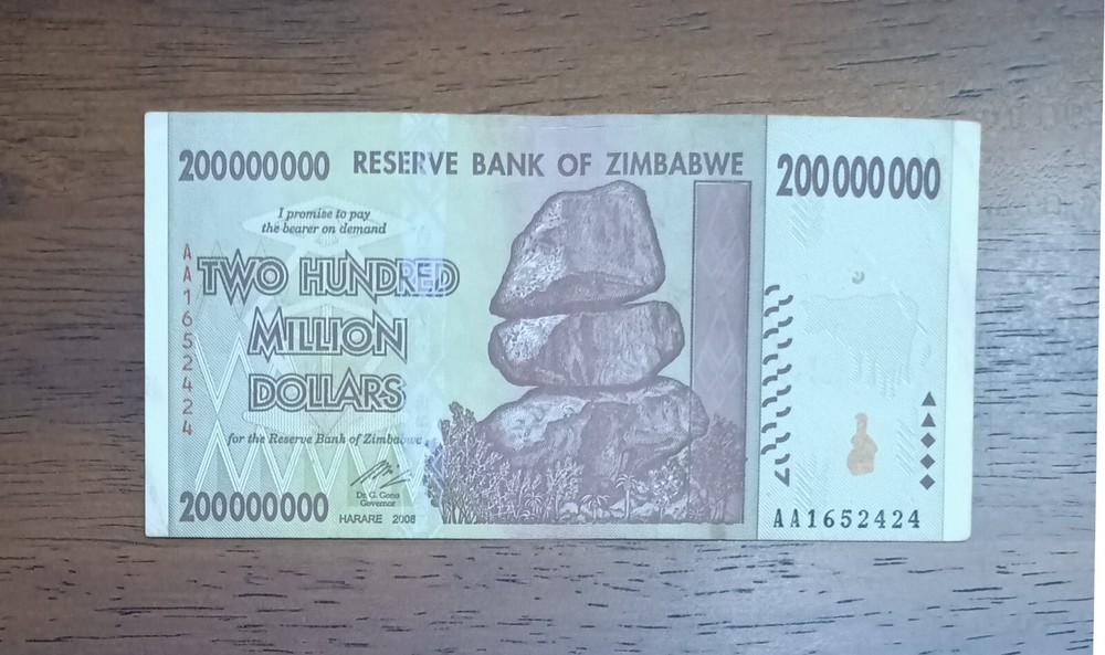 Zimbabwe 2008 $200 million note, from the hyperinflation era
