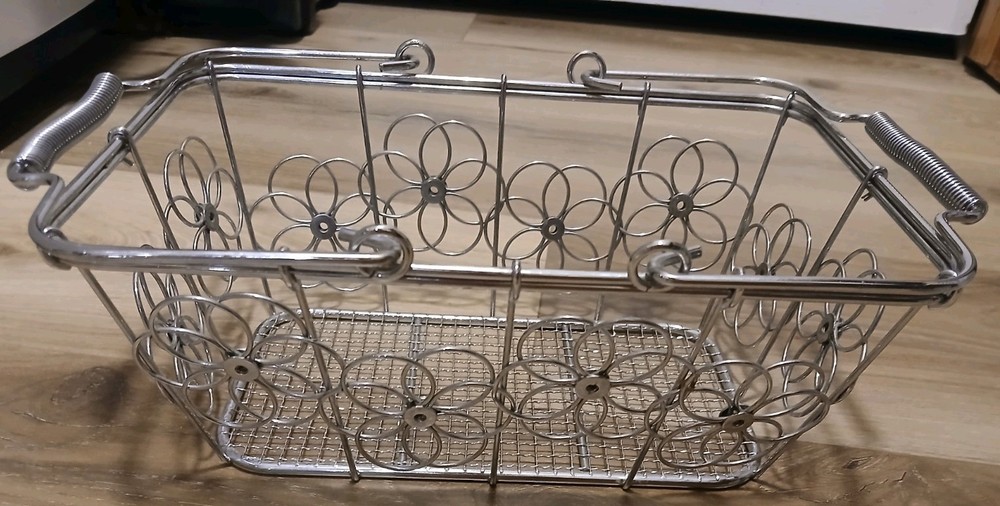 Rectangular Silver Metal Wire Basket with Handles Floral Design