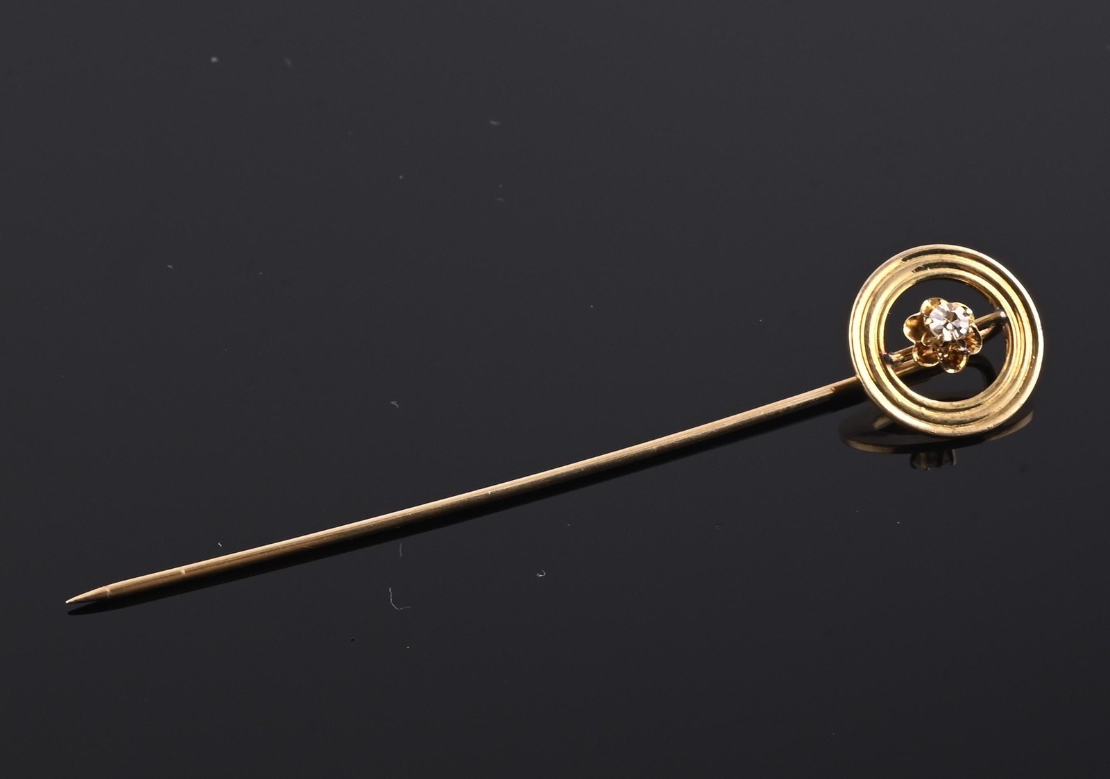 Antique 10K Yellow Gold Diamond Stick Pin Hat Lapel Tie Pin 2.25” Estate Jewelry