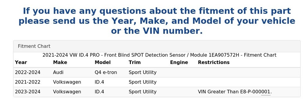 2021-2024 VW ID.4 PRO - Front Blind SPOT Detection Sensor / Module 1EA907572H
