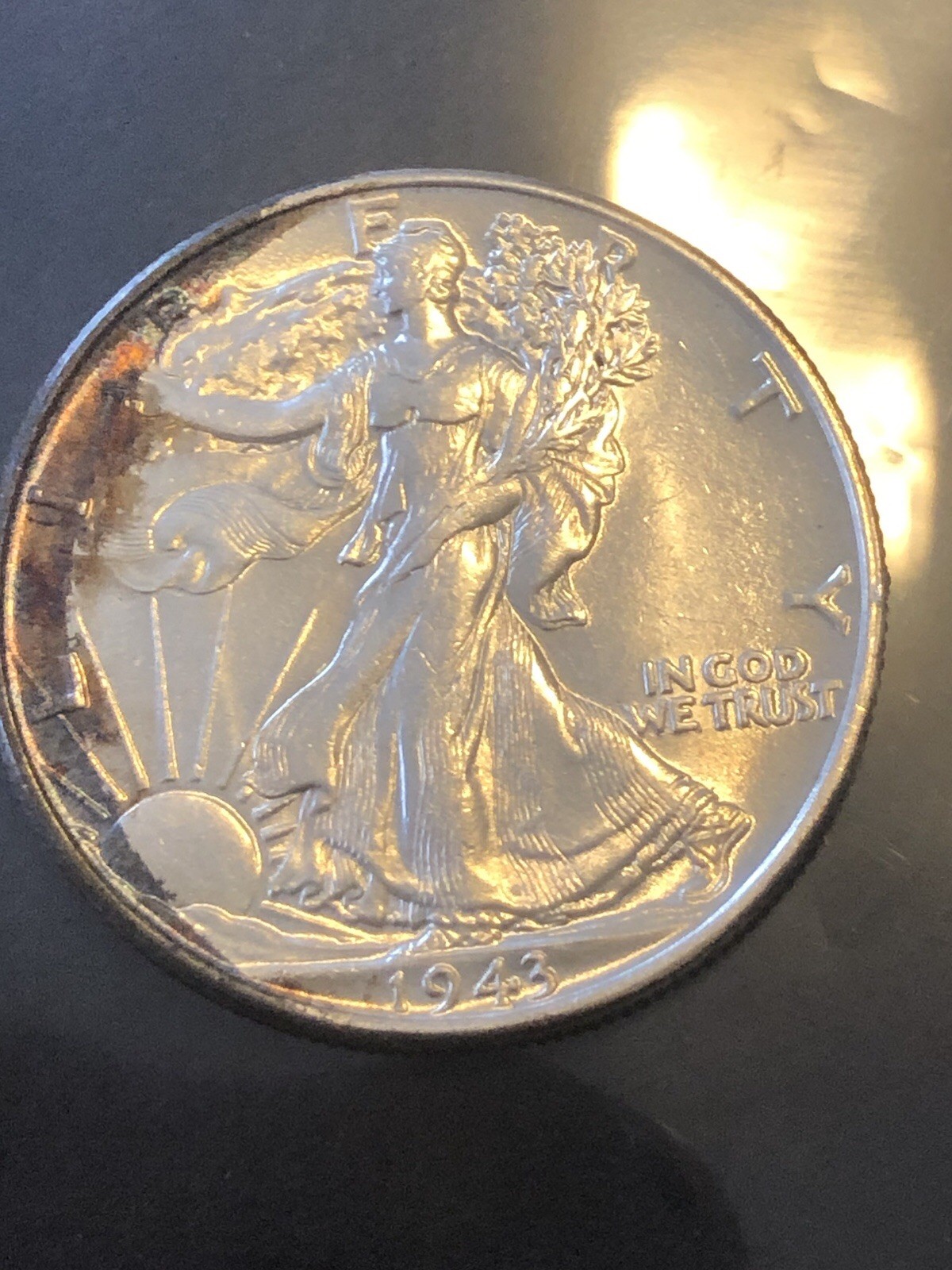 1943 W Walking Liberty Half Dollar Rainbow Toned BU