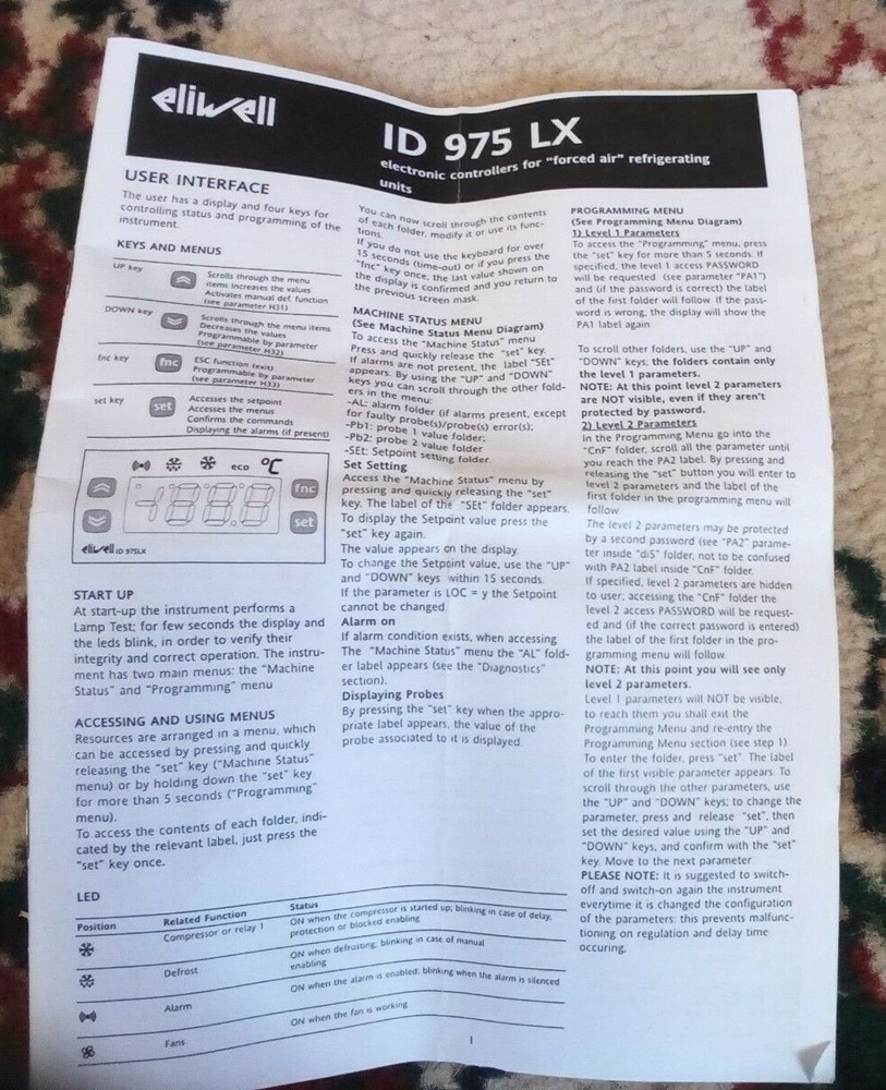 #10   ID 975 LX.  ELECTRICAL CONTROL FOR FORCED FOR REFRIGERATION BUZZER INSIDE 