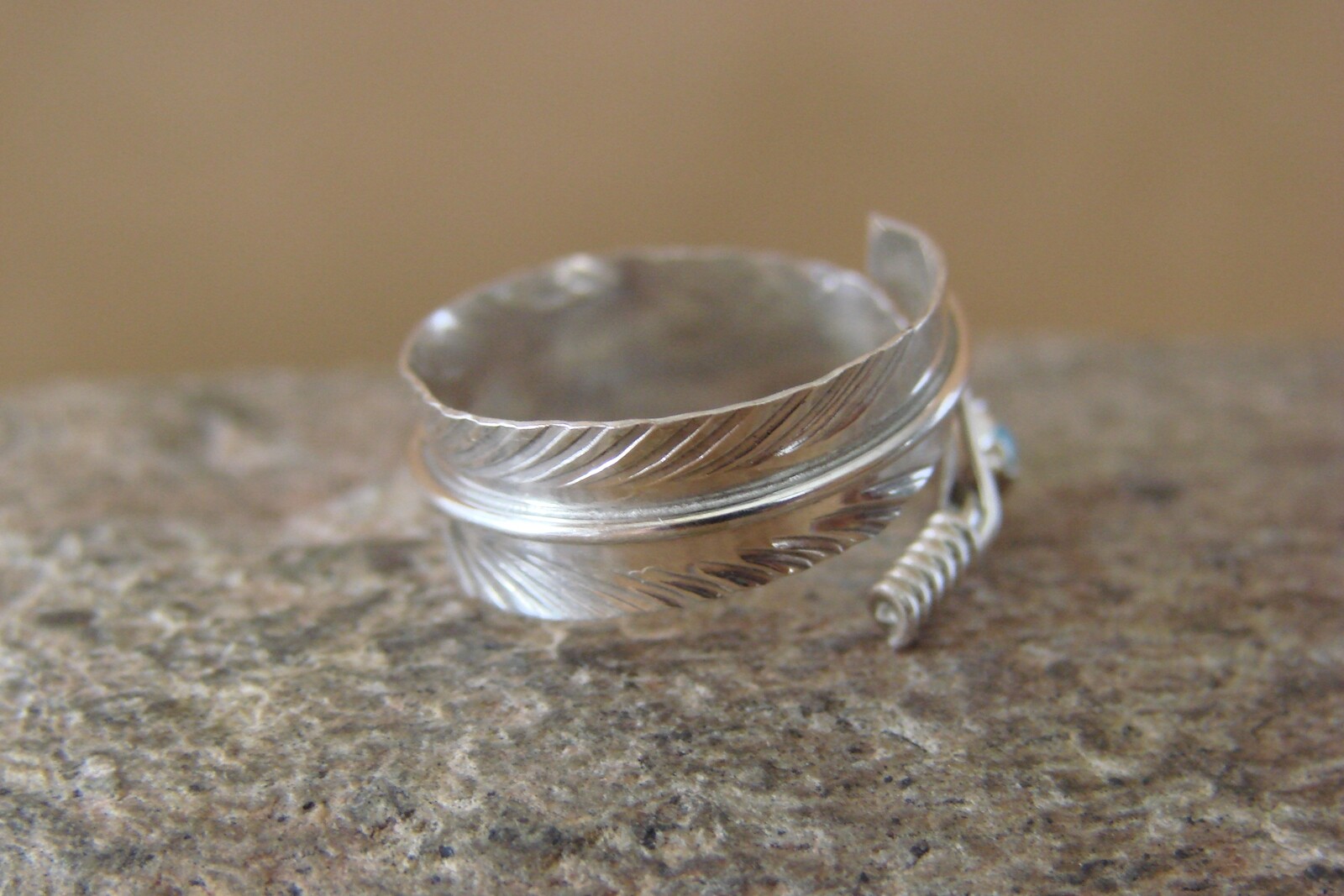 Navajo Indian Handmade Sterling Silver Turquoise Feather Ring, Adjustable!