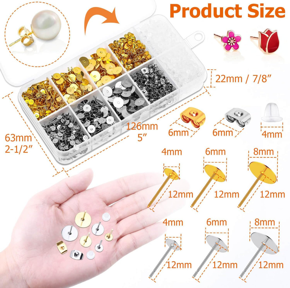 Hypoallergenic Earring Posts and Backs, 2000Pcs Stud Earrings Making Kit with E