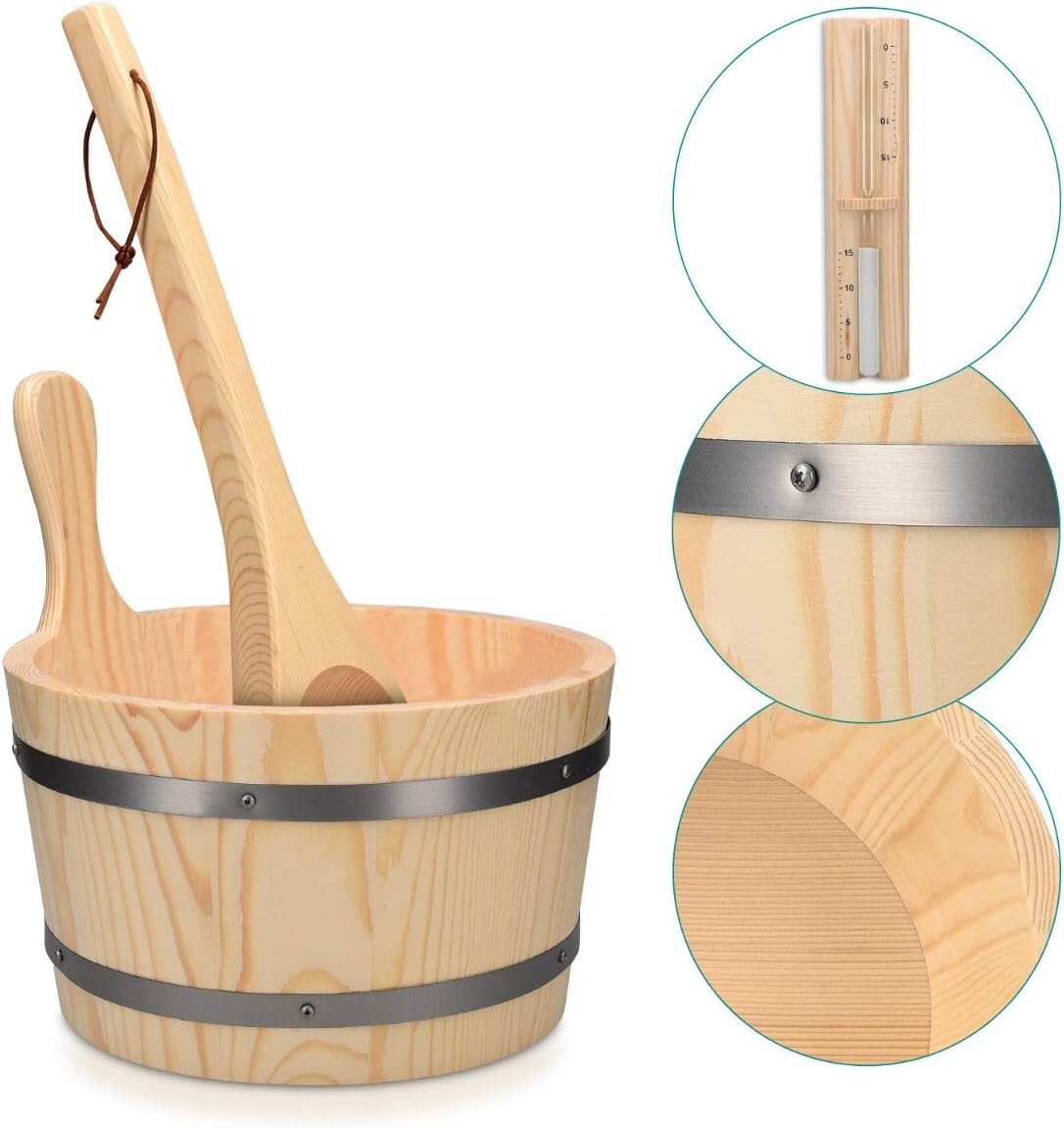 Luxury Sauna Accessory Set: Wooden Bucket, Ladle, and Sand Timer—1.3g Capacity