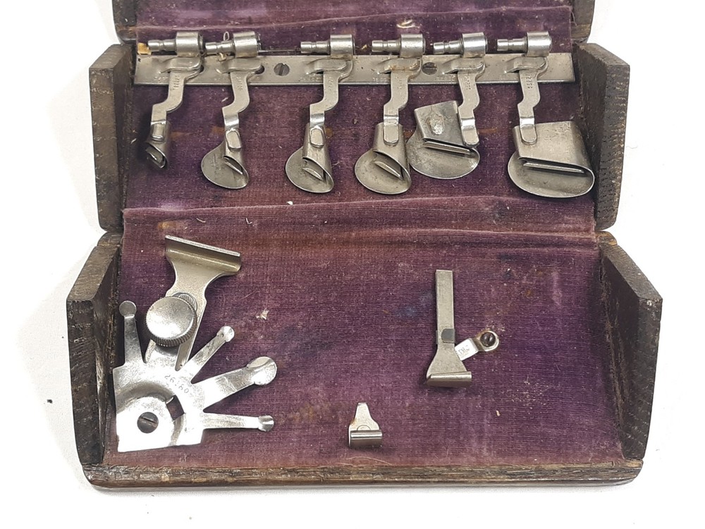 1889 Singer Sewing Machine Oak Folding Box with Some Attachments