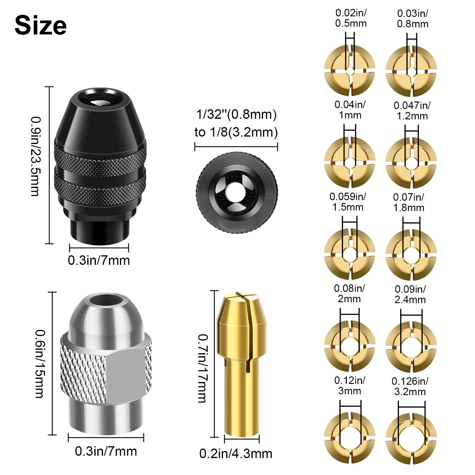 15PCS Drill Chuck Collet Set 0.8-3.2mm Shank Replacement for Dremel Rotary Tool