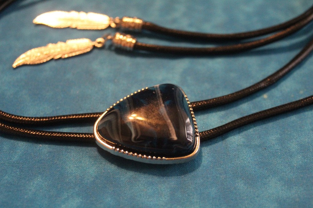Blue/White Triangle Bolo Tie W/Silver Feather Tips