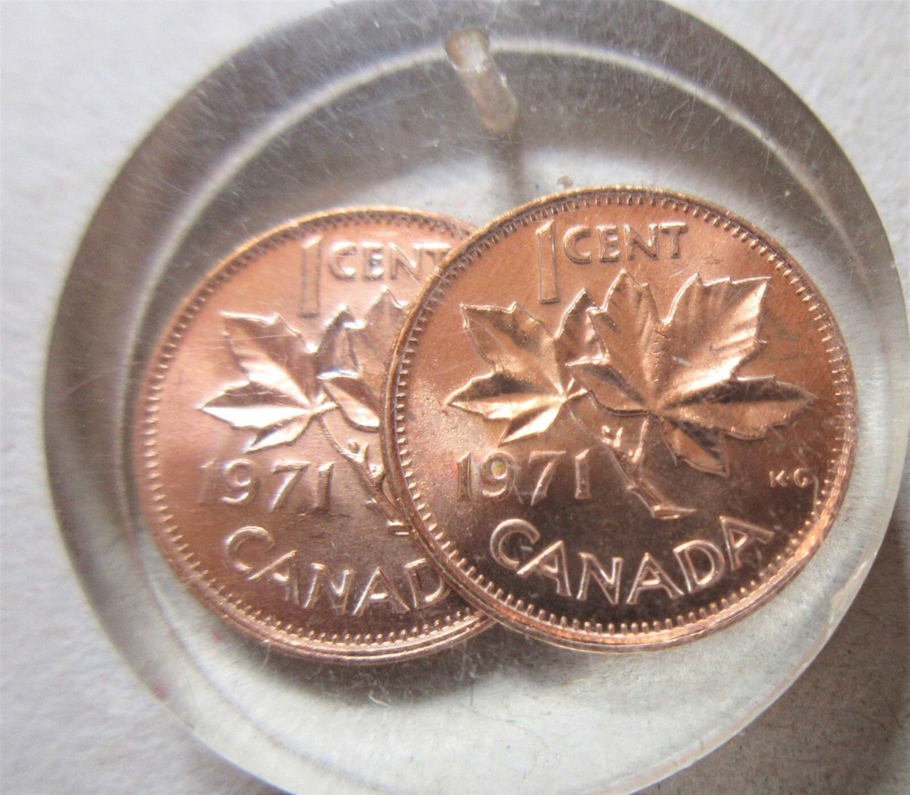 1971 Canada Two Small Cent Coins Acrylic Display Key Ring Chain. UNC