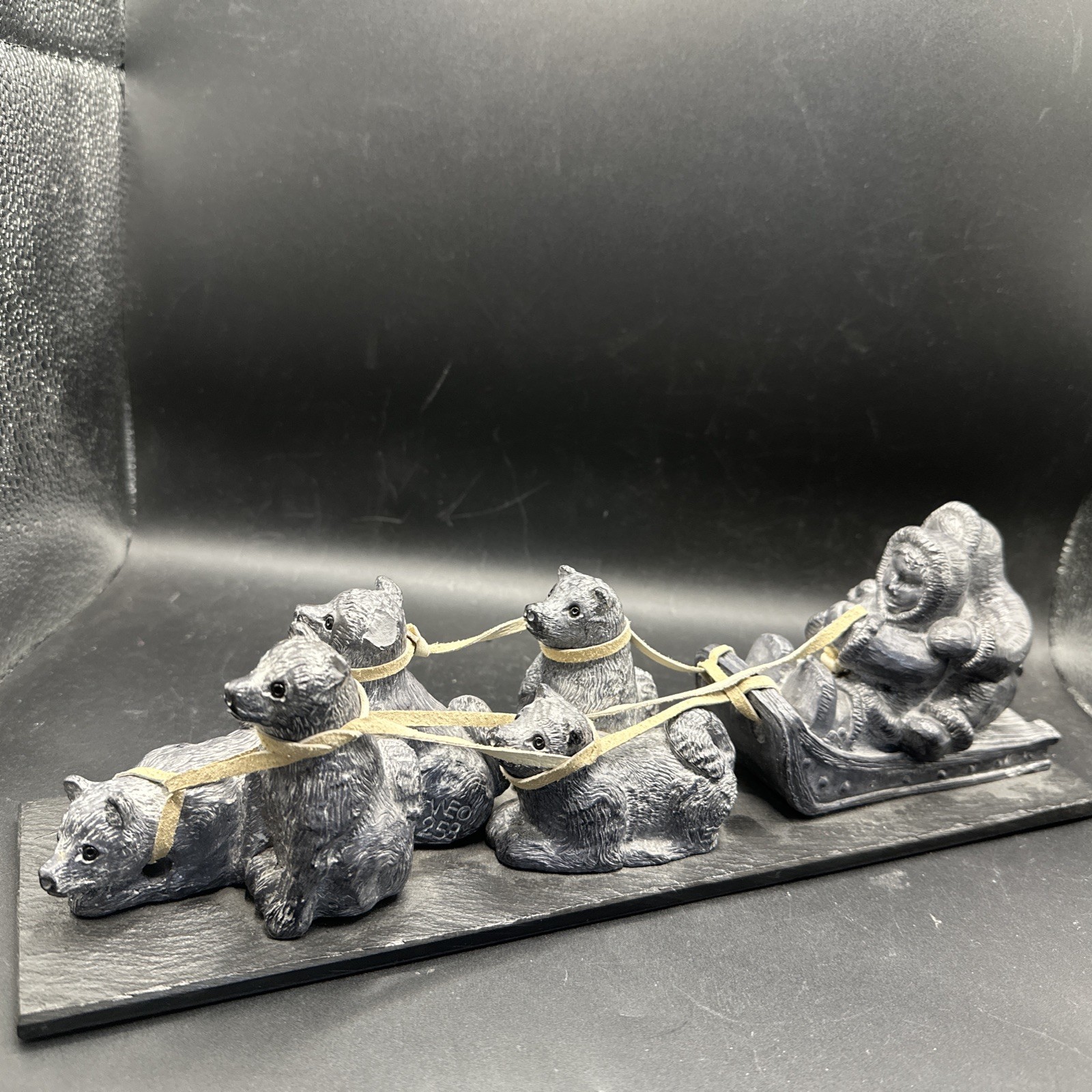 DAMAGED Carved Soapstone Sculpture Eskimo Inuit Dog Sled Slate Base