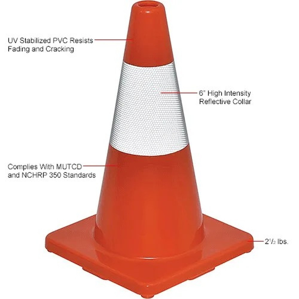 Global Industrial? 18" Traffic Cone, Reflective, Solid Orange Base, 2-1/2 lbs