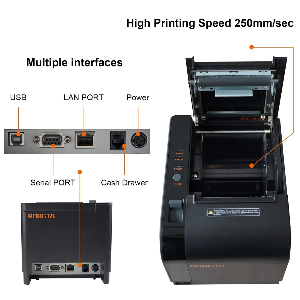Rongta Thermal Receipt Printer, 80mm Printers, MEDIUM, Black
