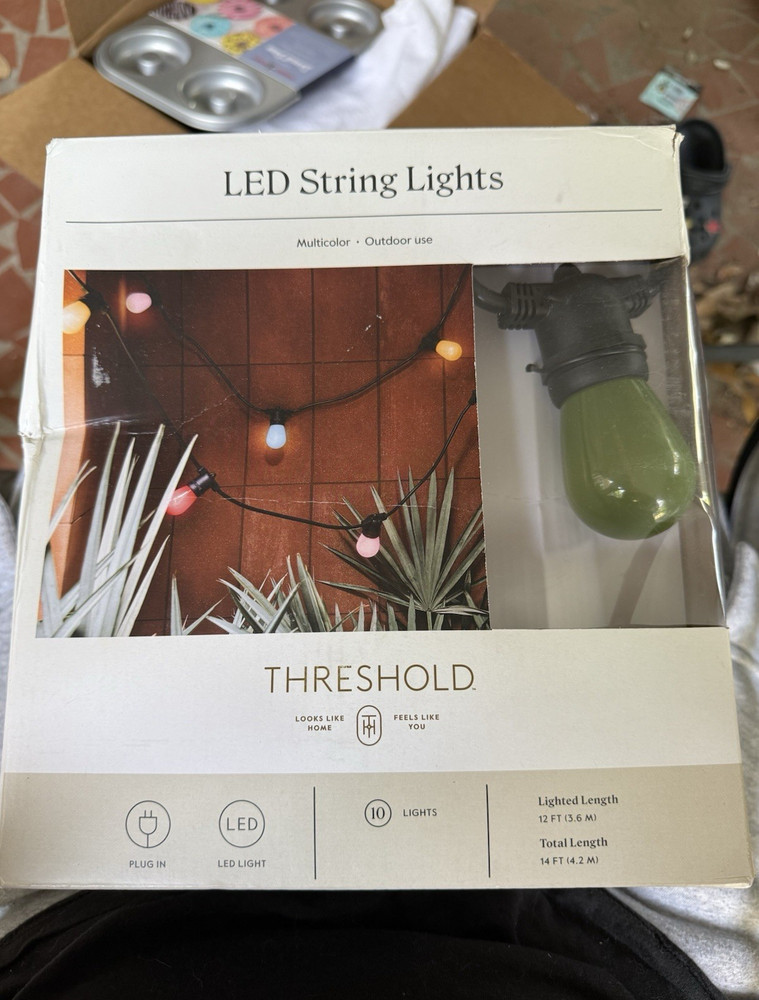 Threshold LED String Lights Multicolor Outdoor Plug In 10 Lights 14ft Black Wire