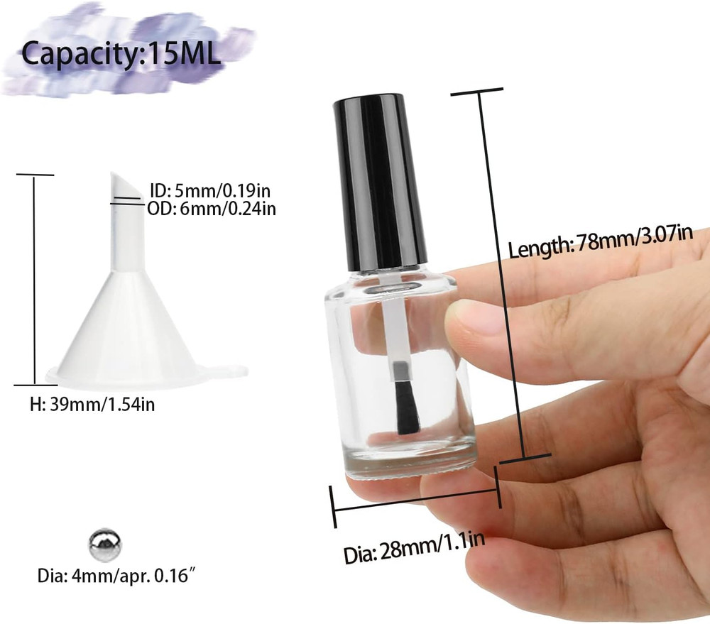 Empty Nail Polish Bottles with Brush Cap, 15Ml Empty Glass Refillable Nail 15ML
