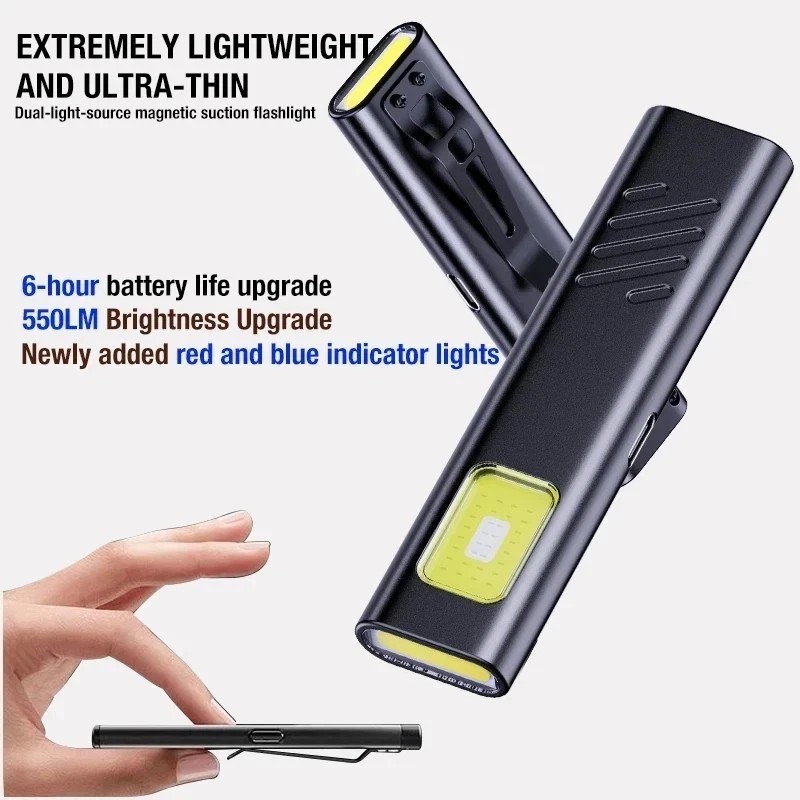 Magnetic EDC Flashlight 550LM Mini USB-C Work Light with Cap Clip & Warning LED.