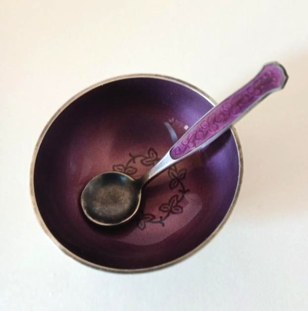 Meka Denmark PURPLE Enamel Sterling Silver Salt Cellar and matching Spoon