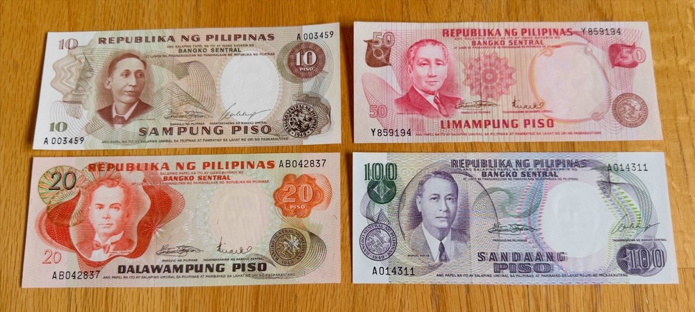 4 different Philippines 10 20 50 100 notes from the 1960s - crisp uncirculated